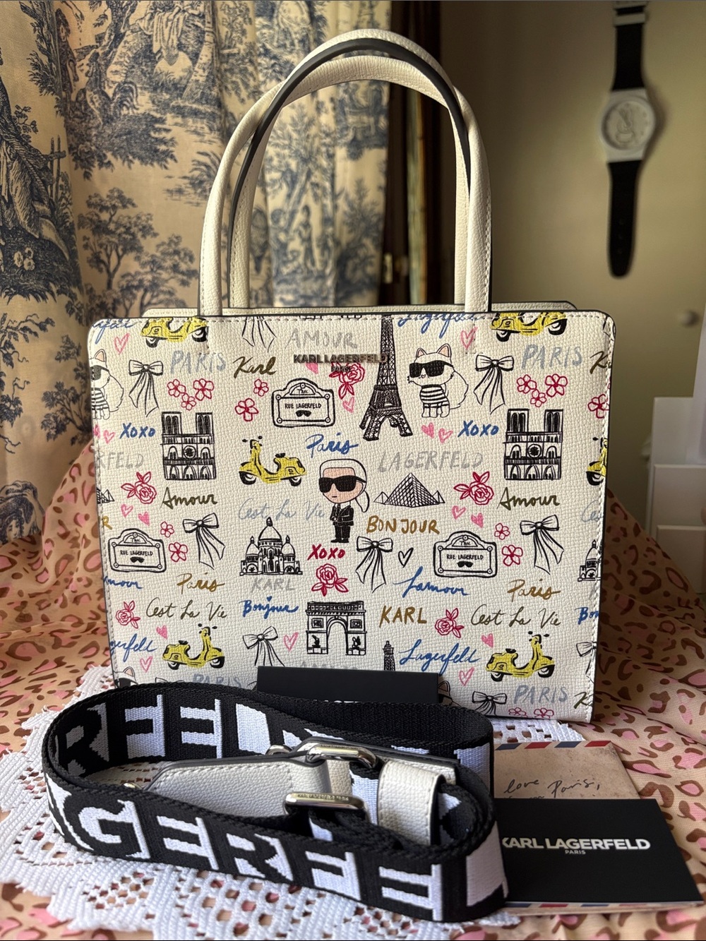 Karl Lagerfeld White Paris Sketch Printed Tote with Detachable Logo Strap